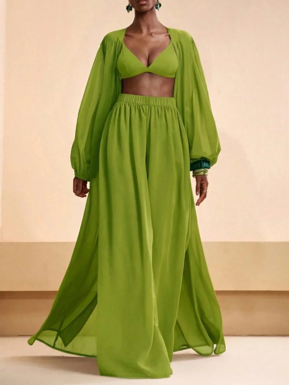 Limelight Green Casual Women's Shirt and Pants Coverup Set